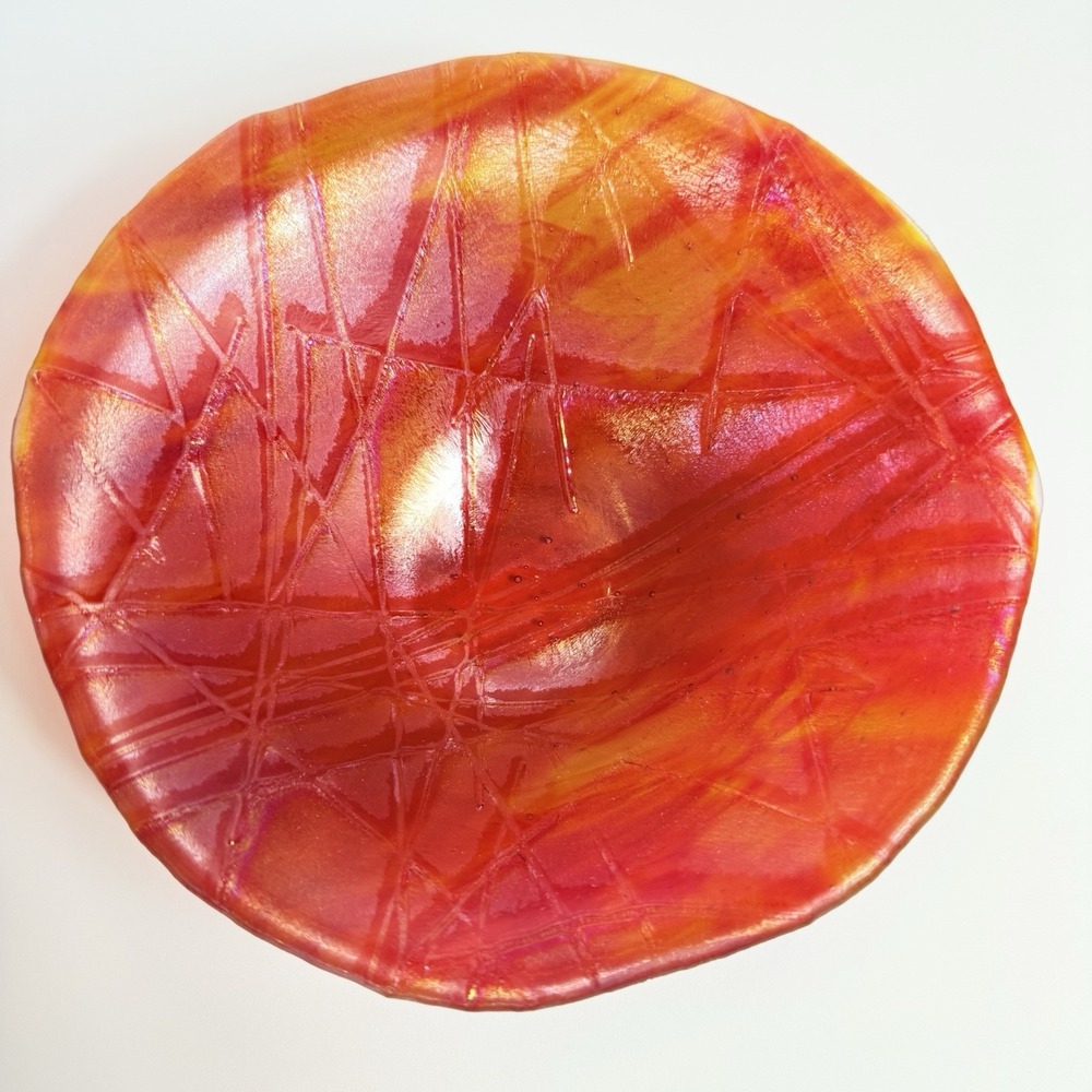Vintage Red Orange Fused Art Glass Bowl Iridescent Abstract Line Dish